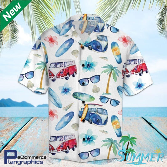 Hippie Bus Aop Hawaiian Aloha Shirt Hawaiian Shorts Beach Short Shirt, Hawaiian Shirt Gift, Christmas Gift