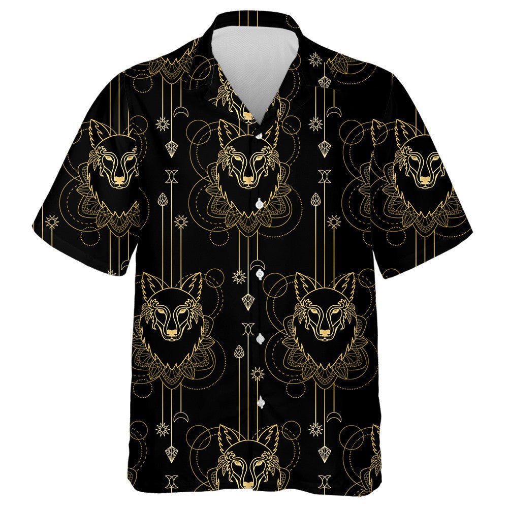 Gold Wolf And Geometric Elements On Black Background Hawaiian Shirt, Hawaiian Shirt Gift, Christmas Gift