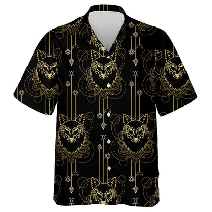 Gold Wolf And Geometric Elements On Black Background Hawaiian Shirt, Hawaiian Shirt Gift, Christmas Gift