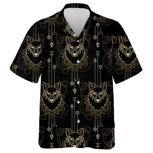 Gold Wolf And Geometric Elements On Black Background Hawaiian Shirt, Hawaiian Shirt Gift, Christmas Gift