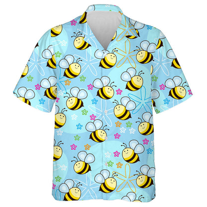 Cute Bees And Exotic Flower On Blue Background Hawaiian Shirt, Hawaiian Shirt Gift, Christmas Gift