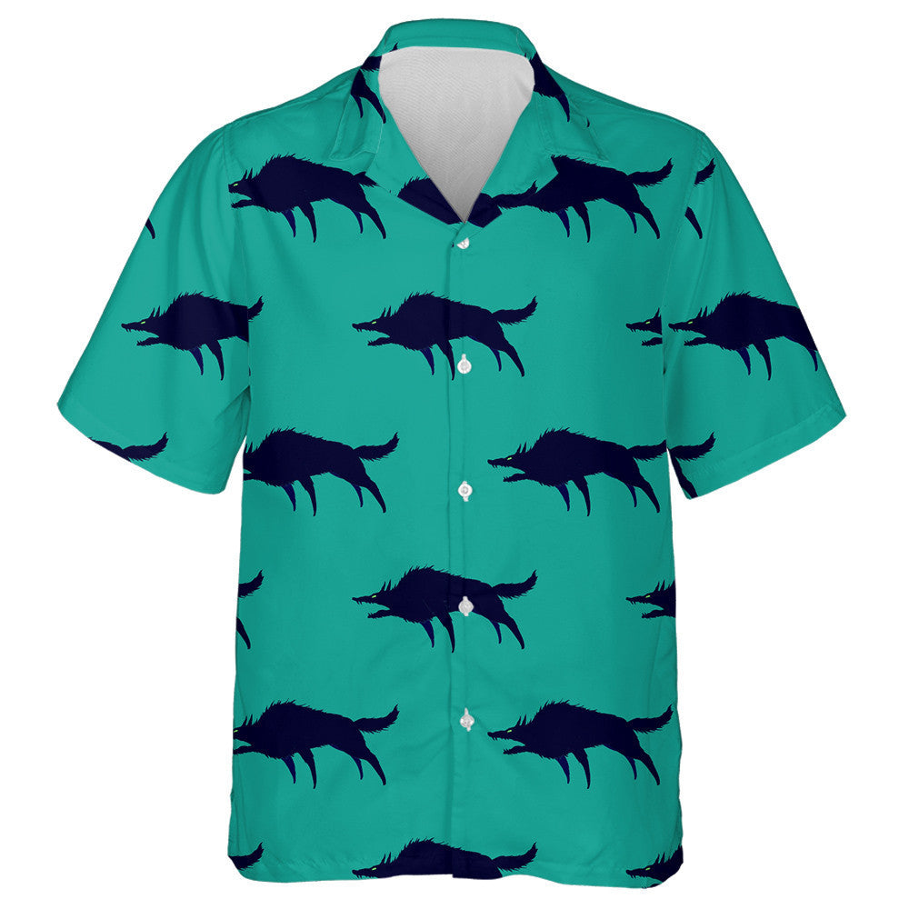 Silhouettes Of Dark Blue Angry Wolf On Green Hawaiian Shirt, Hawaiian Shirt Gift, Christmas Gift