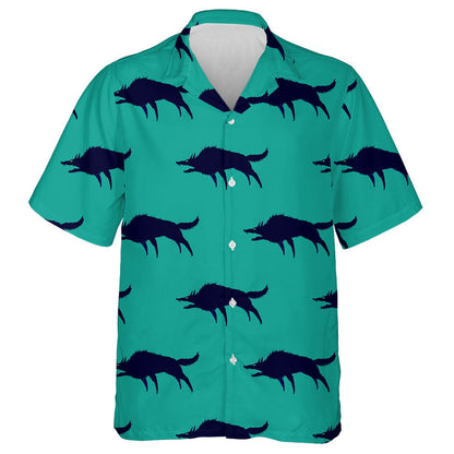 Silhouettes Of Dark Blue Angry Wolf On Green Hawaiian Shirt, Hawaiian Shirt Gift, Christmas Gift