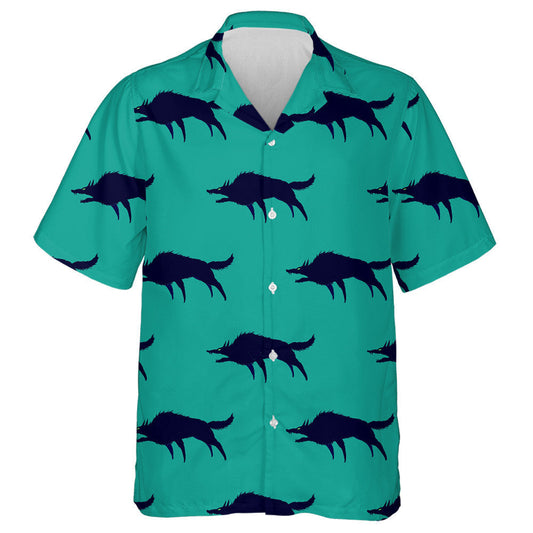 Silhouettes Of Dark Blue Angry Wolf On Green Hawaiian Shirt, Hawaiian Shirt Gift, Christmas Gift