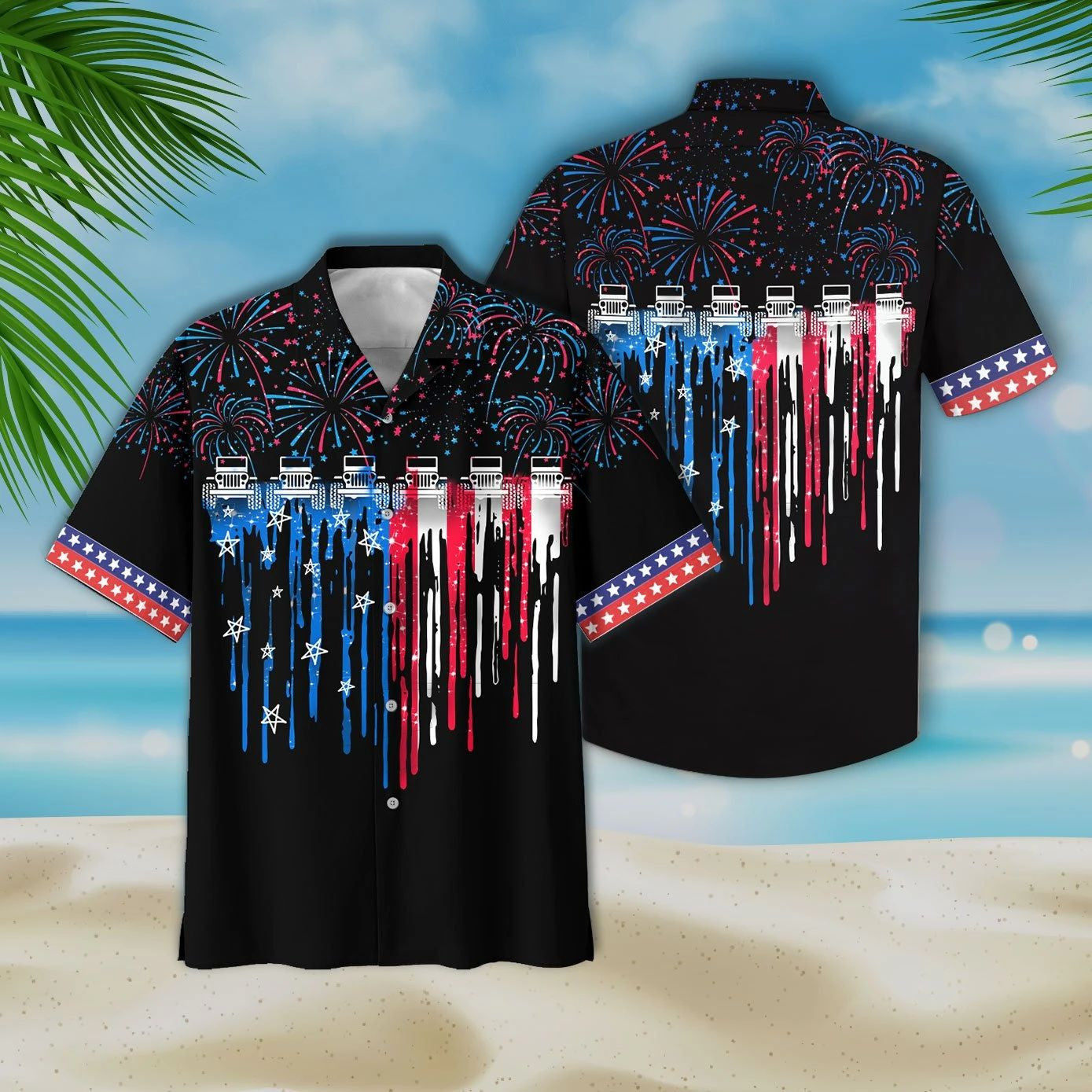 Colorful Firework Black Theme Jeep And Flag Pattern Hawaiian Shirt, Hawaiian Shirt Gift, Christmas Gift