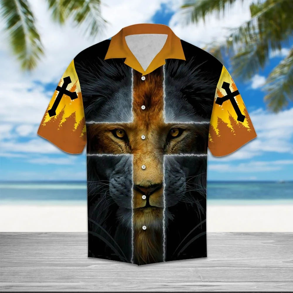 Lion Spirit Cross Jesus Is My God Pattern Hawaiian Shirt, Hawaiian Shirt Gift, Christmas Gift
