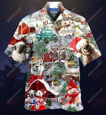 Christmas On Farm Short Hawaiian Shirt Summer Hawaiian T Shirts Vintage Hawaiian Shirts Funny Hawaiian Shirts, Hawaiian Shirt Gift, Christmas Gift
