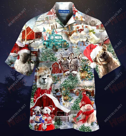 Christmas On Farm Short Hawaiian Shirt Summer Hawaiian T Shirts Vintage Hawaiian Shirts Funny Hawaiian Shirts, Hawaiian Shirt Gift, Christmas Gift