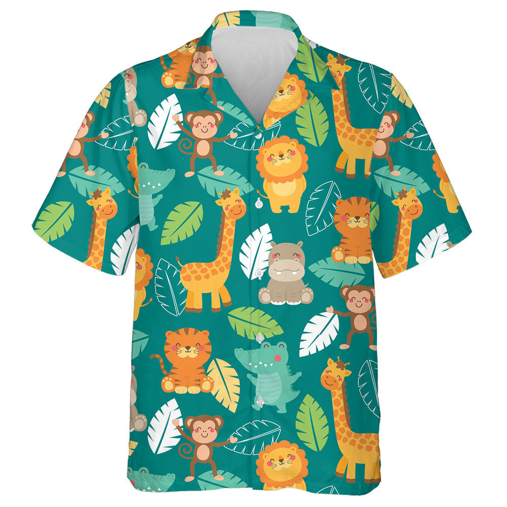 Green Tropical Jungle With Giraffe Animals Smiling Face Hawaiian Shirt, Hawaiian Shirt Gift, Christmas Gift