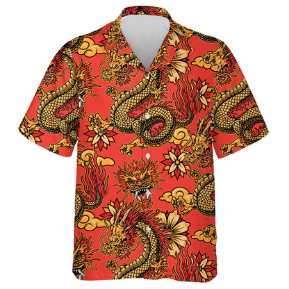 Fantasy Dragons Decorative Flowers And Clouds On Red Hawaiian Shirt, Hawaiian Shirt Gift, Christmas Gift