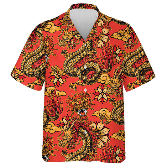 Fantasy Dragons Decorative Flowers And Clouds On Red Hawaiian Shirt, Hawaiian Shirt Gift, Christmas Gift