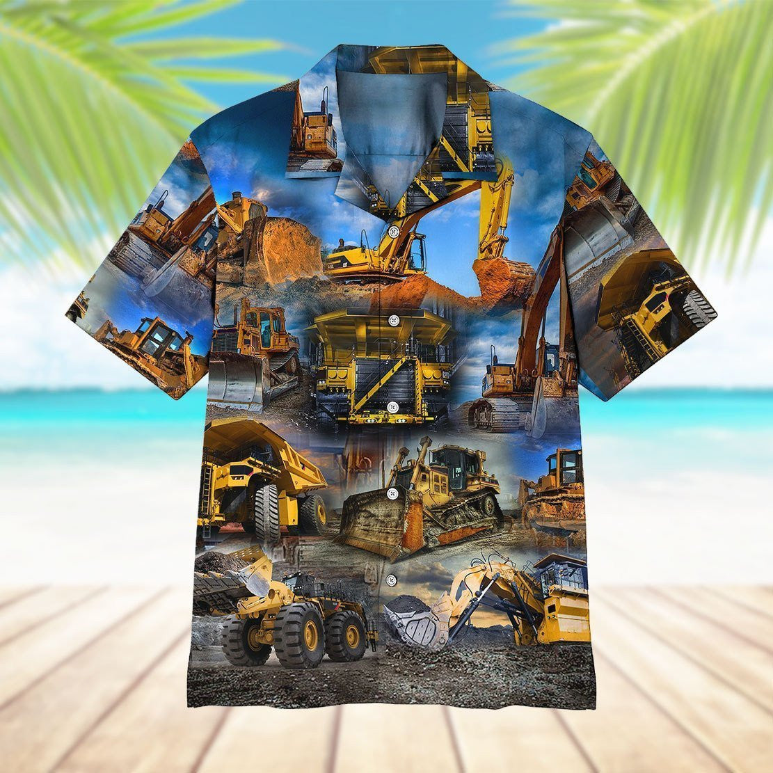 Excavator And Sky Tropical Background Design Hawaiian Shirt,Hawaiian Shirt Gift, Christmas Gift