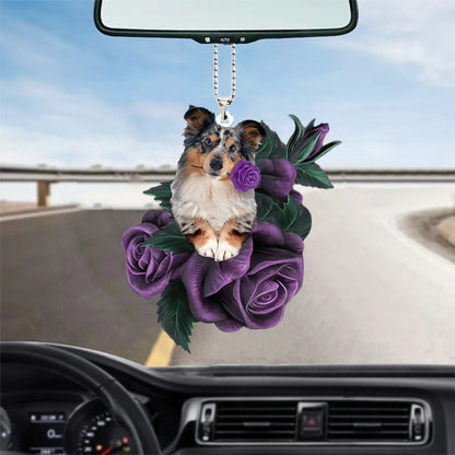 Shetland Sheepdog In Purple Rose Car Hanging Ornament, Christmas Decoration