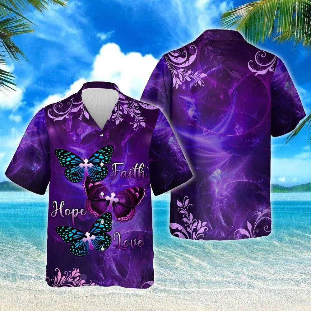 Nice God Faith Hope Love Butterfly Design Hawaiian Shirt, Hawaiian Shirt Gift, Christmas Gift