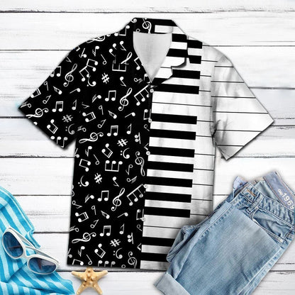 Black And White Piano Music Notes And Keys Pattern Hawaiian Shirt, Hawaiian Shirt Gift, Christmas Gift