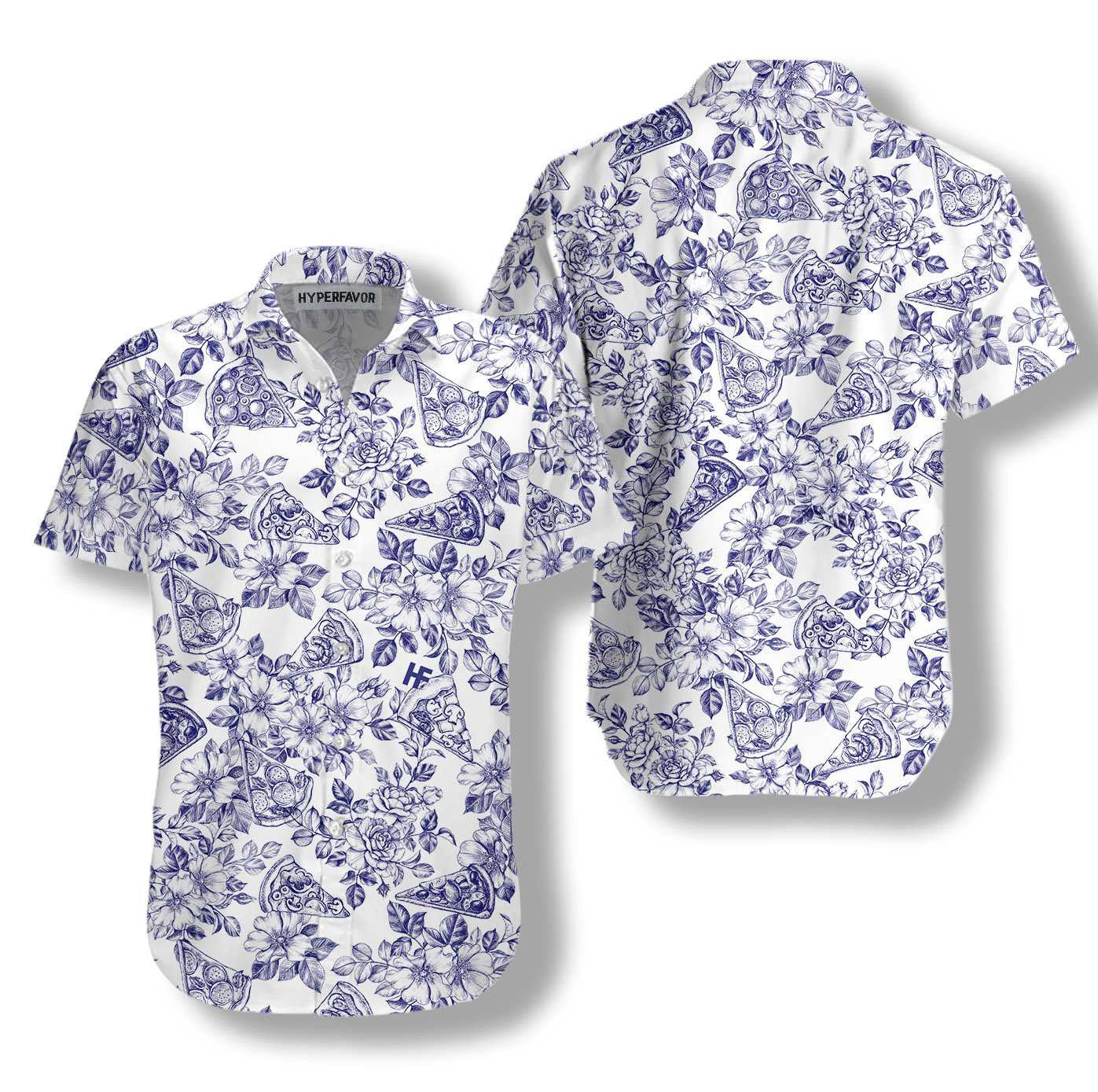 Excellent Blue Floral Pizza Design Hawaiian Shirt,Hawaiian Shirt Gift, Christmas Gift