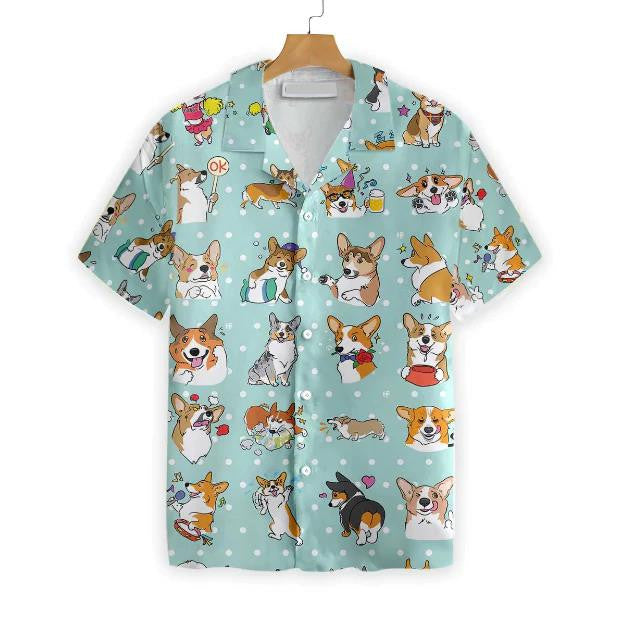 Cartoon Cute Moments Of Welsh Corgi Spotted Pattern Hawaiian Shirt, Hawaiian Shirt Gift, Christmas Gift