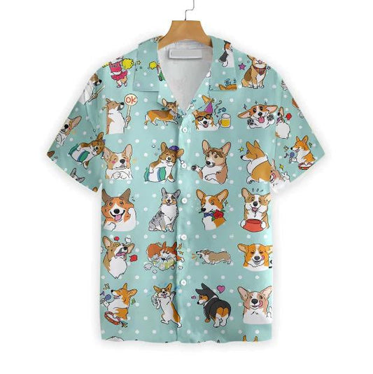 Cartoon Cute Moments Of Welsh Corgi Spotted Pattern Hawaiian Shirt, Hawaiian Shirt Gift, Christmas Gift