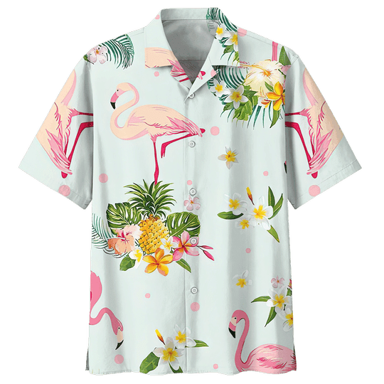 Lovely Flamingo In Tropical Forest Blue Theme Hawaiian Shirt, Hawaiian Shirt Gift, Christmas Gift