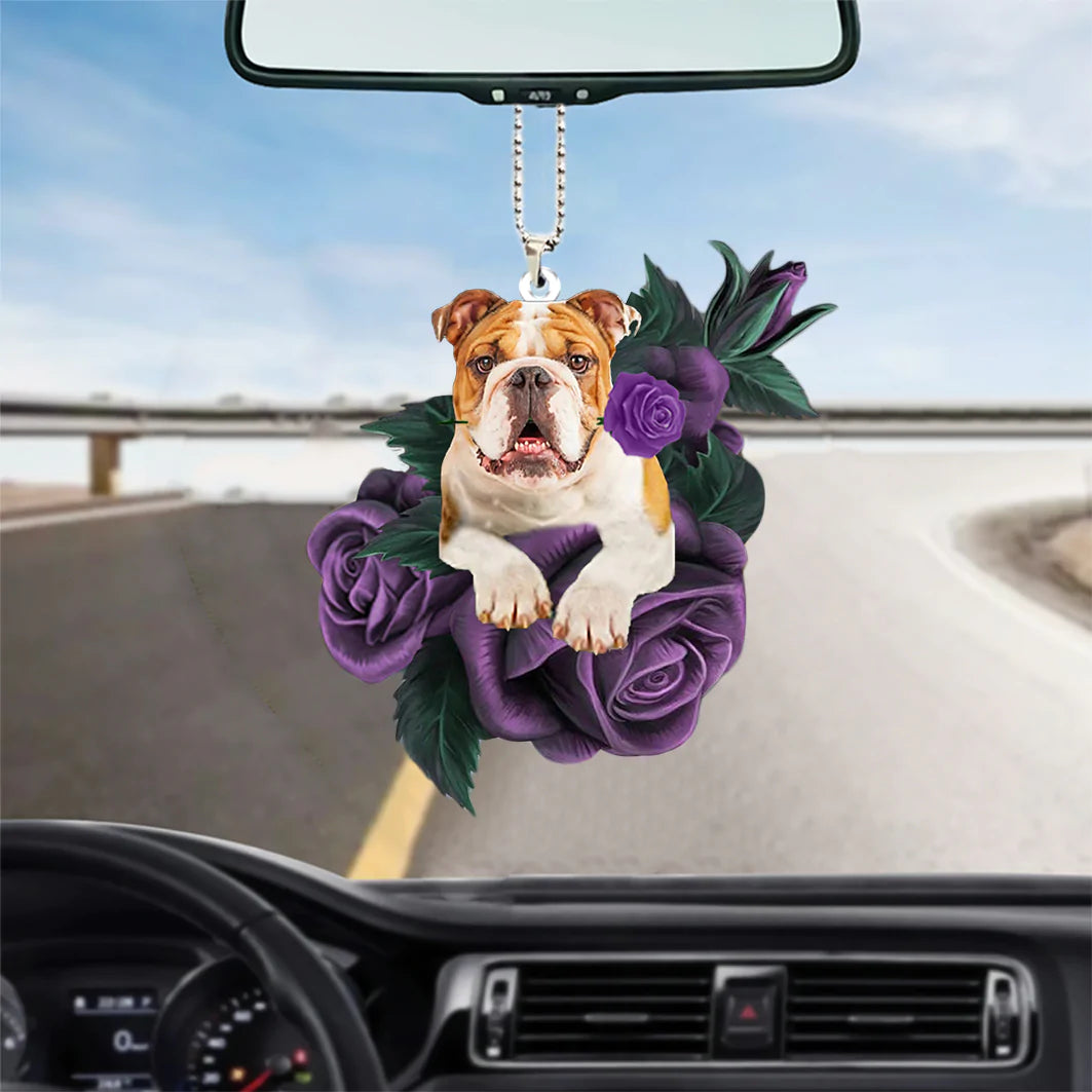 Bulldog In Purple Rose Car Hanging Ornament, Dog Hanging Ornament For Car, Christmas Decoration