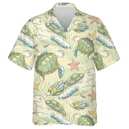 Hand Drawn Sea Fish And Turtles Vintage Style Hawaiian Shirt, Hawaiian Shirt Gift, Christmas Gift
