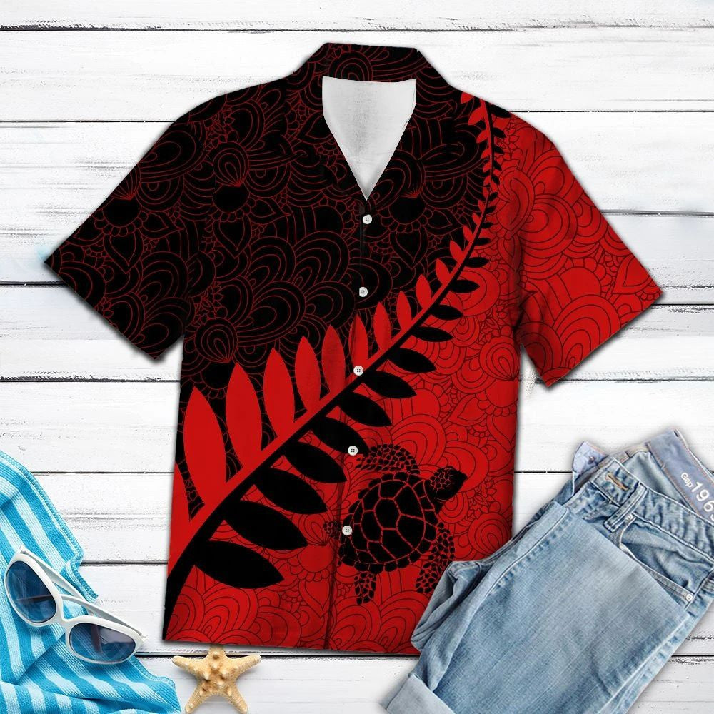 Special Turtle Leaf Red And Black Pattern Hawaiian Shirt, Hawaiian Shirt Gift, Christmas Gift