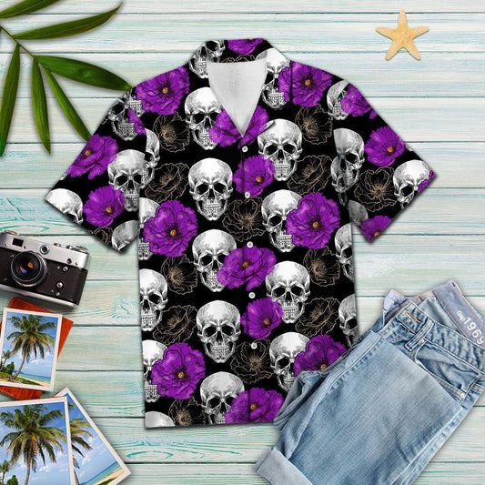 Day Of The Dead Skull Purple Flower Pattern Hawaiian Shirt, Hawaiian Shirt Gift, Christmas Gift