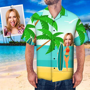 Palm Tree Surfing With Girl Custom Photo Hawaiian Shirt, Hawaiian Shirt Gift, Christmas Gift