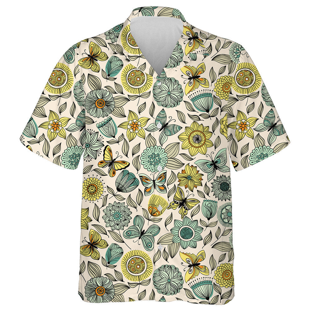 Hand Drawn Butterflies Flying Over The Flowers Hawaiian Shirt, Hawaiian Shirt Gift, Christmas Gift