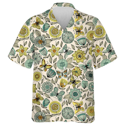 Hand Drawn Butterflies Flying Over The Flowers Hawaiian Shirt, Hawaiian Shirt Gift, Christmas Gift