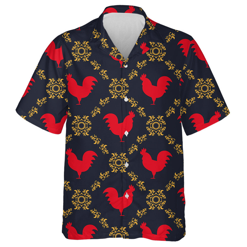Red Chicken Rooster Texture With Gold Floral Ornament Hawaiian Shirt, Hawaiian Shirt Gift, Christmas Gift