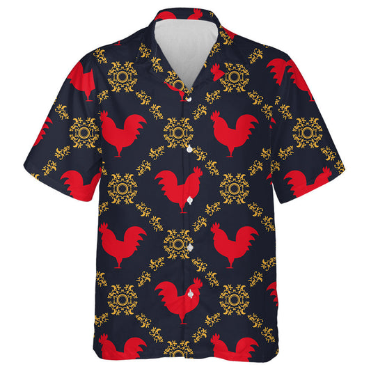 Red Chicken Rooster Texture With Gold Floral Ornament Hawaiian Shirt, Hawaiian Shirt Gift, Christmas Gift