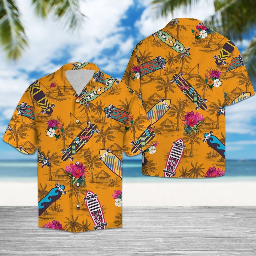 Cool Skateboard Tropical Flowers Burned Yellow Background Pattern Hawaiian Shirt, Hawaiian Shirt Gift, Christmas Gift