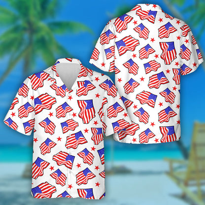 Curve American Flag And Red Stars On White Backdrop Hawaiian Shirt, Hawaiian Shirt Gift, Christmas Gift