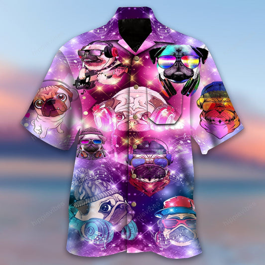 Colorful Galaxy Themed Feeling Music With Pugs Design Hawaiian Shirt, Hawaiian Shirt Gift, Christmas Gift