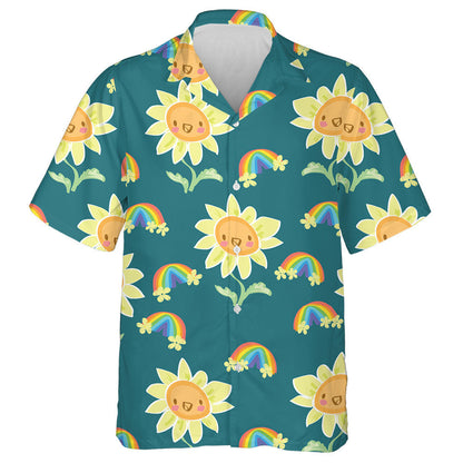 Cute Drawing Elements Including Happy Sunflower And Rainbow Hawaiian Shirt, Hawaiian Shirt Gift, Christmas Gift
