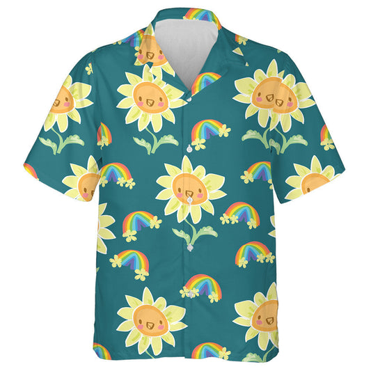 Cute Drawing Elements Including Happy Sunflower And Rainbow Hawaiian Shirt, Hawaiian Shirt Gift, Christmas Gift