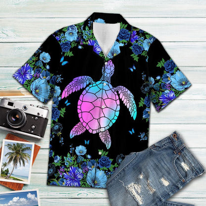 Holographic Blue Flower With Sea Turtle Pattern Hawaiian Shirt, Hawaiian Shirt Gift, Christmas Gift