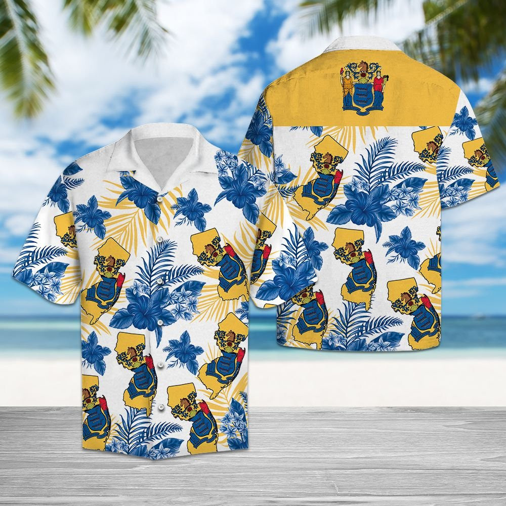 New Jersey Proud Flag Tropical Plants Pattern Hawaiian Shirt, Hawaiian Shirt Gift, Christmas Gift