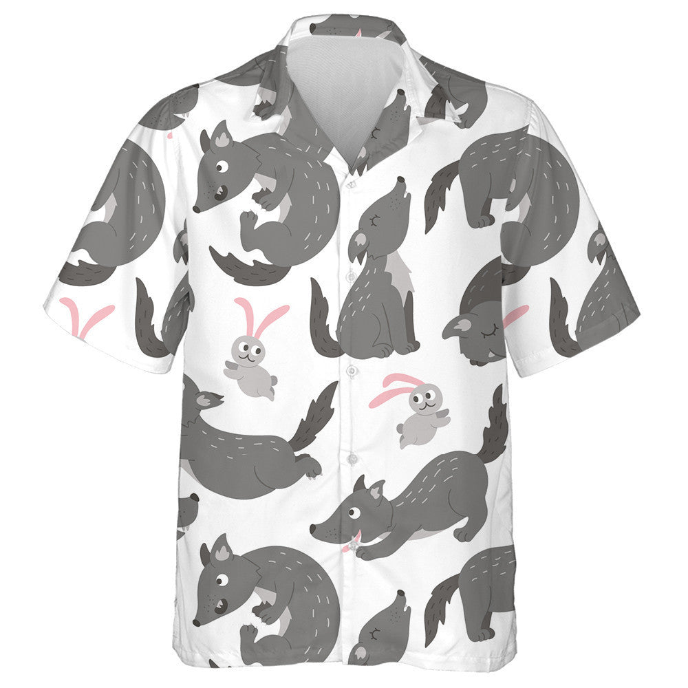 Hand Drawn Flat Funny Wolf In Different Poses Hawaiian Shirt, Hawaiian Shirt Gift, Christmas Gift