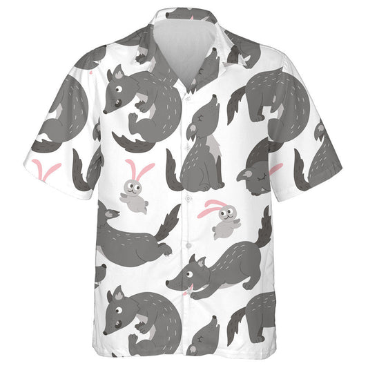 Hand Drawn Flat Funny Wolf In Different Poses Hawaiian Shirt, Hawaiian Shirt Gift, Christmas Gift