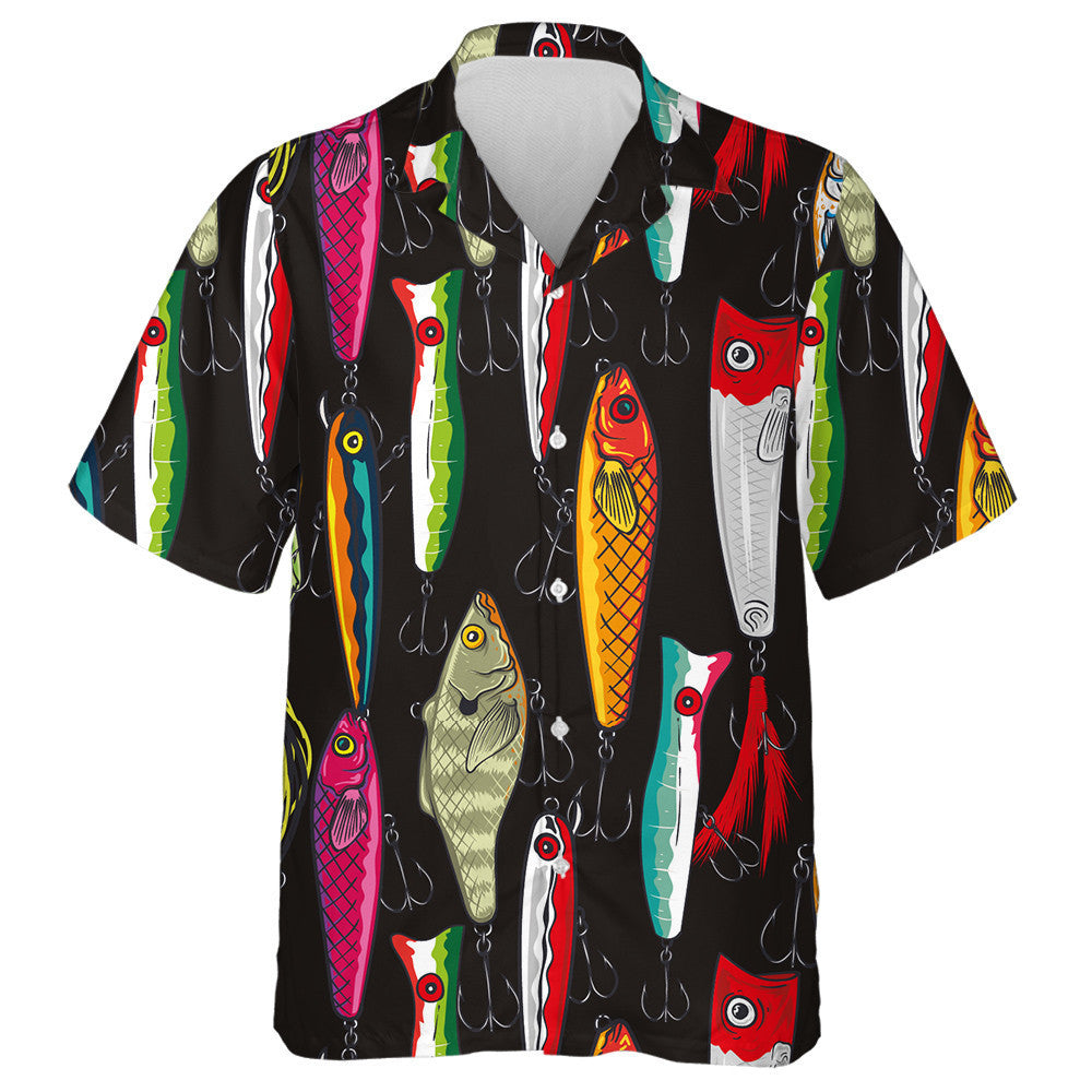 Colorful Fishing Lures On Black Background Art Design Hawaiian Shirt, Hawaiian Shirt Gift, Christmas Gift