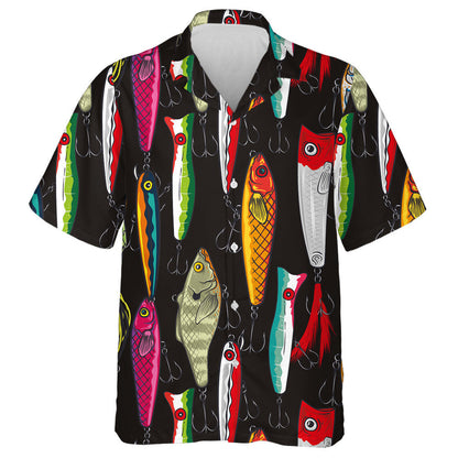 Colorful Fishing Lures On Black Background Art Design Hawaiian Shirt, Hawaiian Shirt Gift, Christmas Gift