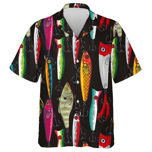 Colorful Fishing Lures On Black Background Art Design Hawaiian Shirt, Hawaiian Shirt Gift, Christmas Gift