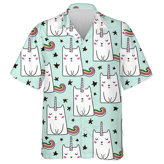 Hand Drawn Cute Unicorn Cat And Black Star Hawaiian Shirt, Hawaiian Shirt Gift, Christmas Gift
