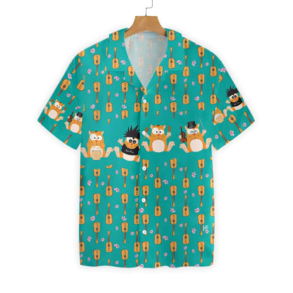 Funny Cat With Tiny Ukulele Turquoise Background Hawaiian Shirt, Hawaiian Shirt Gift, Christmas Gift