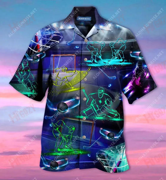 Ice Hockey Neon Art Unisex Hawaiian Shirt Hobbies Short Sleeve Hawaiian Crazy Shirts Hawaiian Shirts For Women, Hawaiian Shirt Gift, Christmas Gift