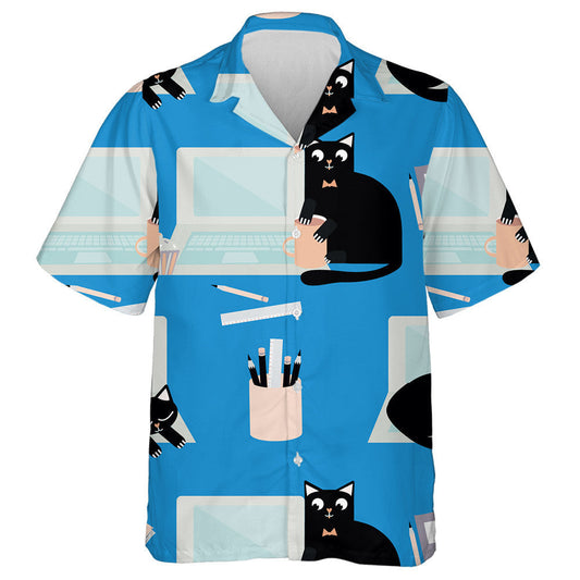 Hand Drawn Cute Laptop And Cartoon Cat Hawaiian Shirt, Hawaiian Shirt Gift, Christmas Gift
