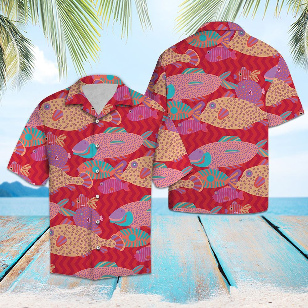 Love Fish Drawing On Red Wave Pattern Aloha Hawaiian Shirt, Hawaiian Shirt Gift, Christmas Gift