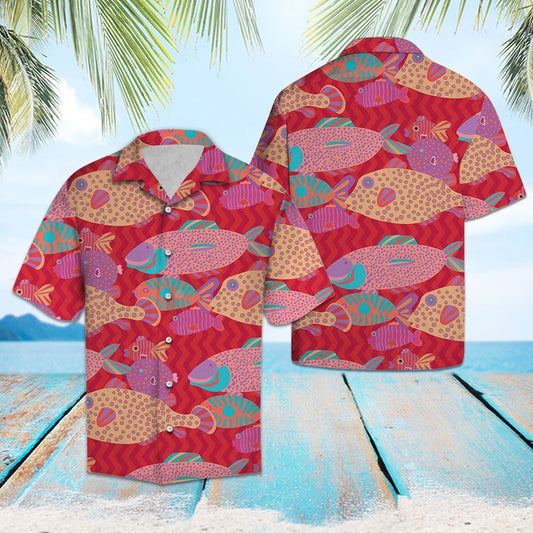 Love Fish Drawing On Red Wave Pattern Aloha Hawaiian Shirt, Hawaiian Shirt Gift, Christmas Gift